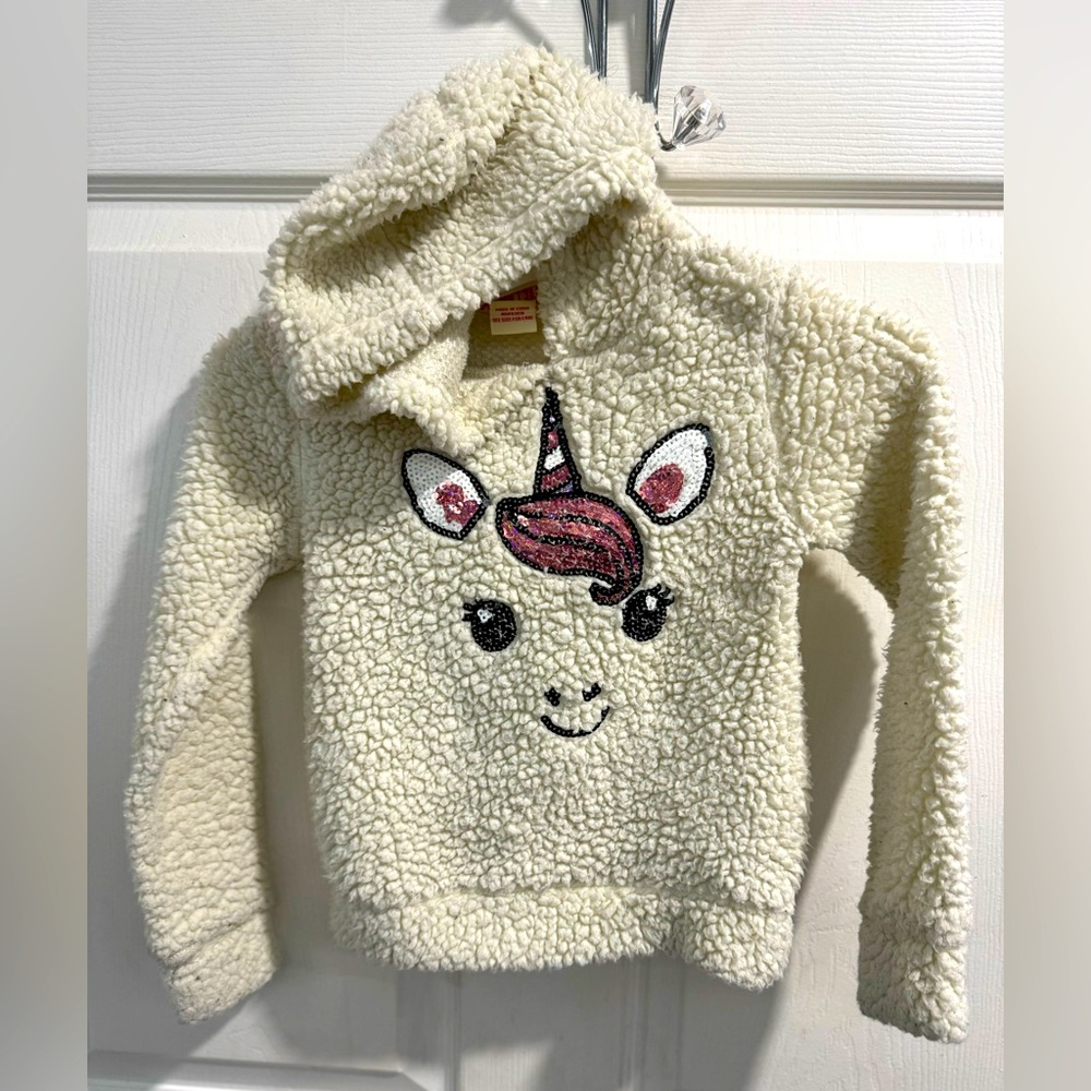 Colette Lilly Cozy Unicorn Sequined Pullover Hoodie. Size M (5/6). Cream, Pink.
